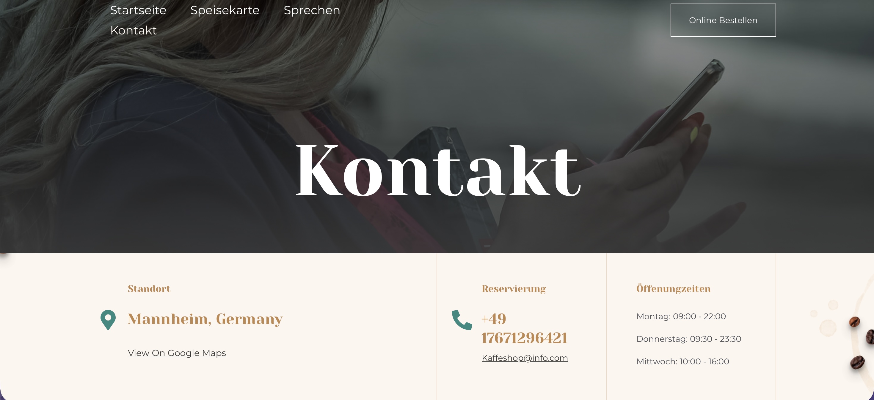 Coffeeshop Website Kontakt