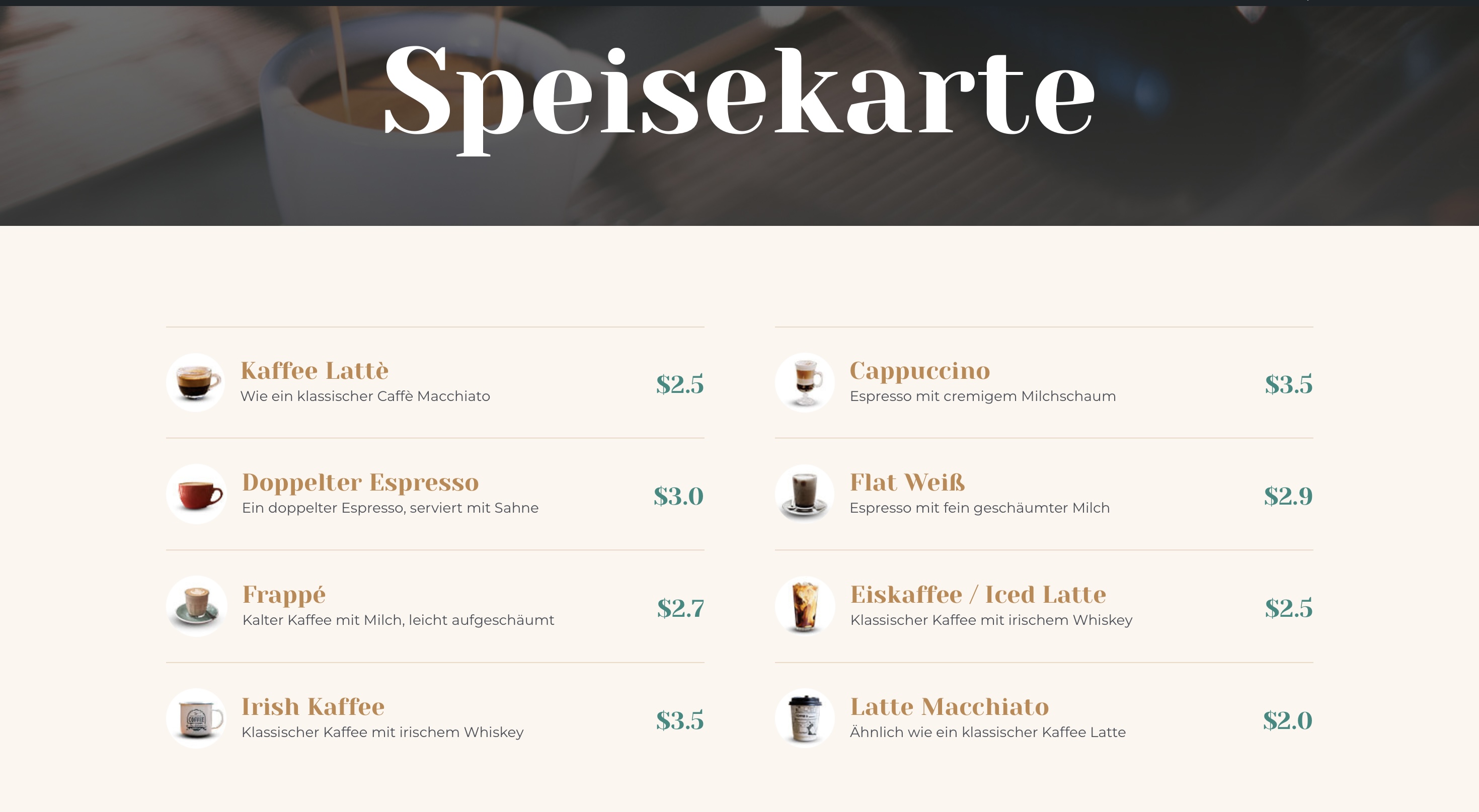 Coffeeshop Website menu